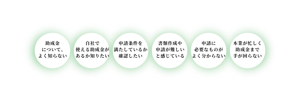 助成金についてよくあるお悩み。助成金について、よく知らない、自社で使える助成金があるか知りたい、申請条件を満たしているか確認したい、書類作成や申請が難しいと感じている、申請に必要なものがよく分からない、本業が忙しく助成金まで手が回らない