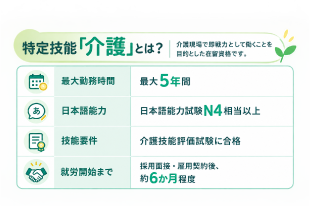 特定技能「介護」とは？ 最大勤務時間は最大5年間、日本語能力は日本語能力試験N4相当以上、技能要件は介護技能評価試験に合格、就労開始までは採用面接・雇用契約後、約6か月程度